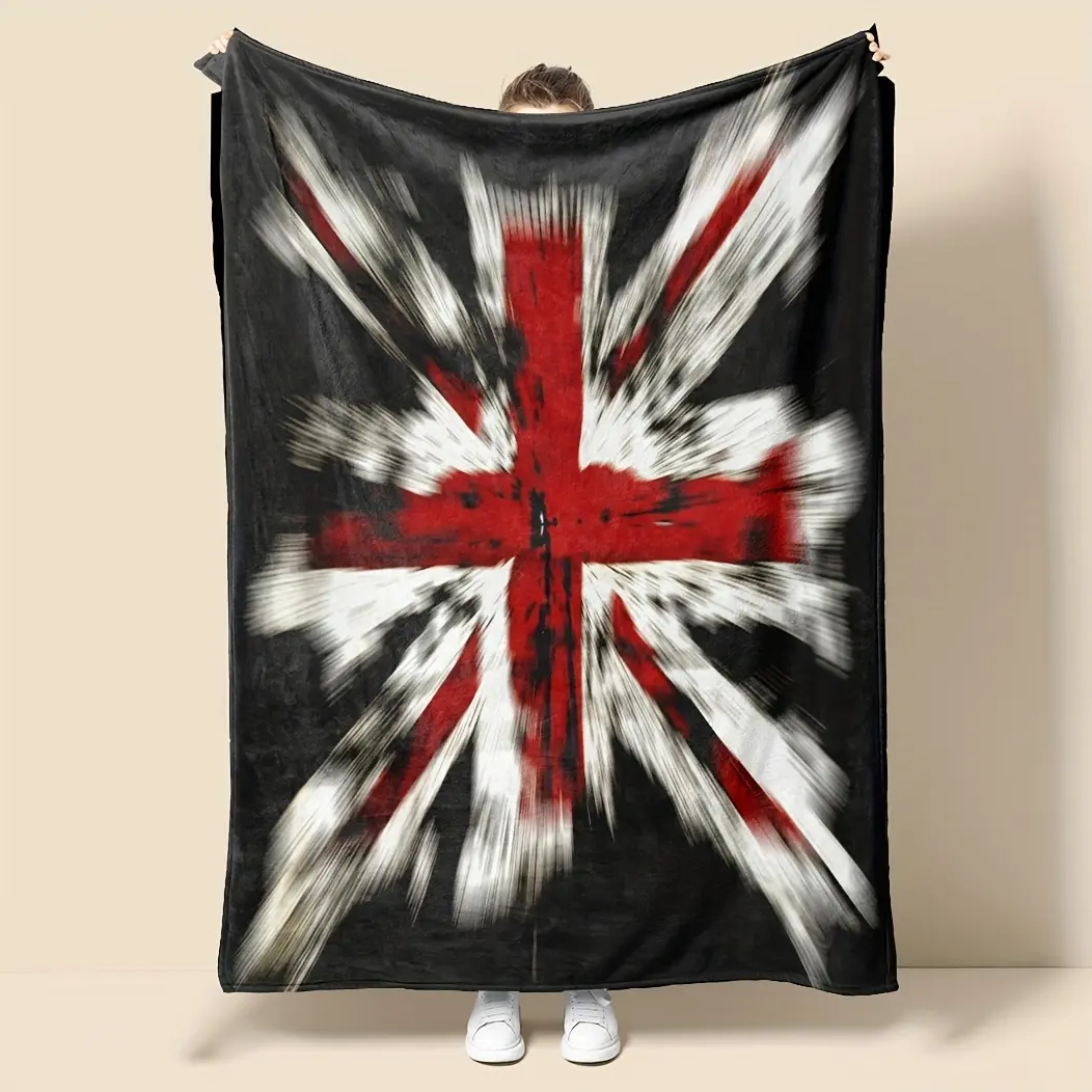 British Union Jack Flag Print Blanket - Durable Microfibre, Wrinkle Resistant, Breathable Soft Flannel, Multi-Size, Machine Washable (Black/White/Red), Unisex All-Seasons Bedding Throw for Home & Sofa, Flat 2D England-Scotland-Wales National Emblem