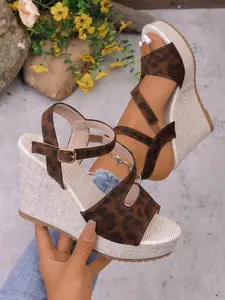Women's Wide Width Ankle Strap Wedge Straw Sandals, Leopard Print Cross Strap High Heels, Multi-Color Commute Dating Shoes, Adjustable Metal Buckle