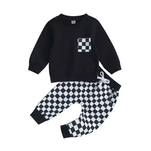 Toddler Baby Boy Fall Winter Clothes Checkerboard Long Sleeve Sweatshirt Pants Sweatsuit Set Checkered Plaid Outfit