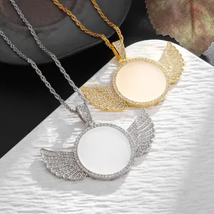 Fashion Jewelry for Men & Women, 1pc, Ideal for Birthday Party Gifts,DIY Fashion Memory Angel Wings Mirror Ice Crystal Zirconia Photo,Exquisite Angel Wings Pendant Necklace - Round Medal,