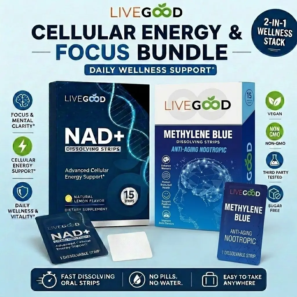 LiveGood Cellular Energy & Focus Dietary Health Supplements Bundle - Fast Dissolving NAD+ Strips, Fast Dissolving Methylene Blue Strips for Brain Cognitive Boost, Sugar Free, Gluten Free, Vegan & Non-GMO, Travel Size