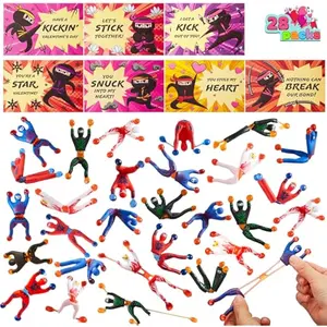 28 Packs Valentines Day Sticky Wall Climbing Men Ninja with Gifts Cards Set, Stress Relief Toys for Kids Party Favor, Classroom Exchange Prizes, Valentine Greeting Cards