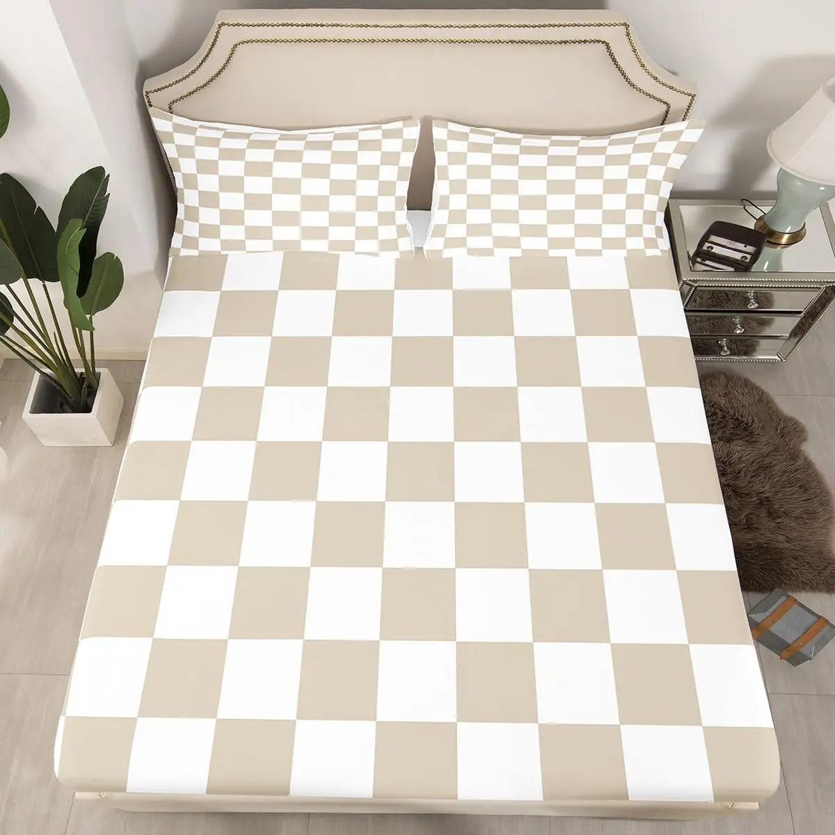 Checkered Bedding Set Women Men Beige Plaid Bed Sheets Cute Retro Neutral Checkerboard Geometric Fitted Sheet Set Vintage Aesthetic Room Decor