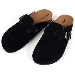Intini Women's & Men's Adjustable Buckle Suede Clogs - Cork Footbed, Arch Support, Faux Fur Lining, Breathable Lightweight Clogs, Walking Shoes, Casual Shoes Clogs, Black Footwear