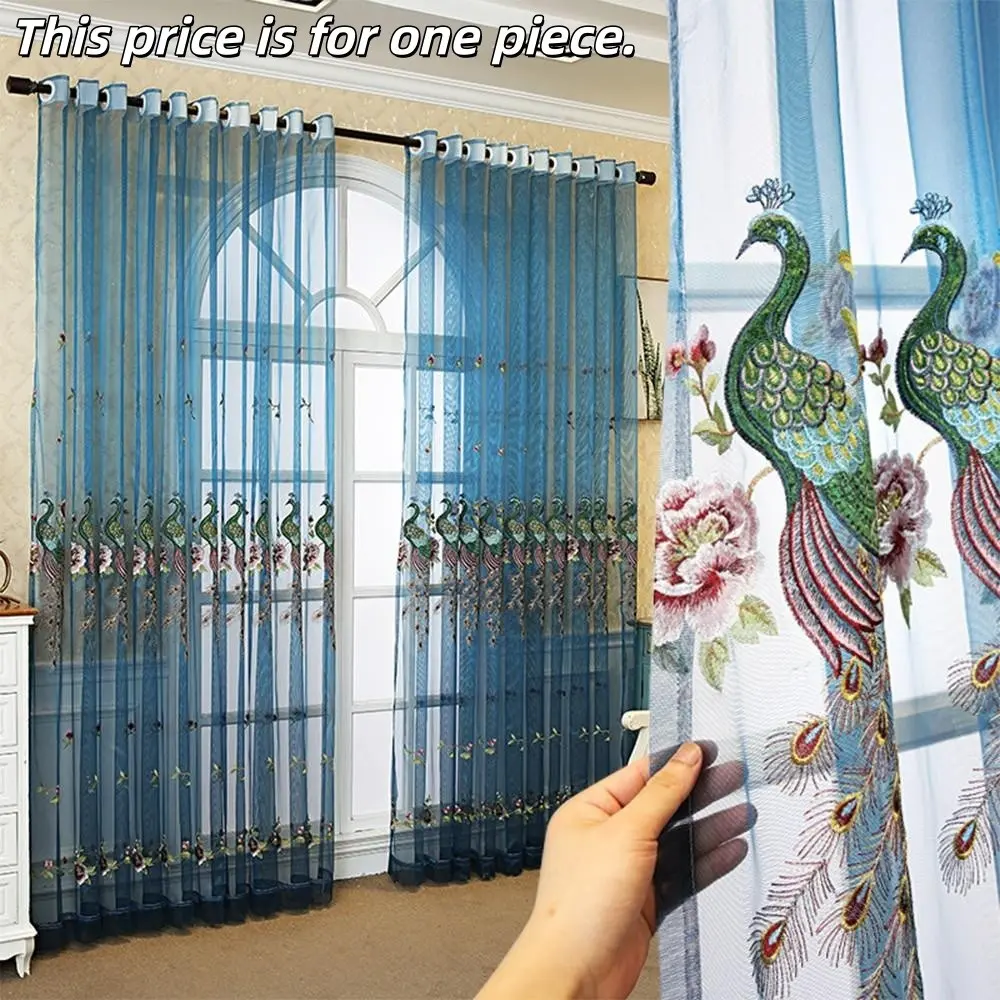 1PC Blue New Oriental Luxury Peacock Embroidery Room Decor Curtain, 100% Polyester, Suitable for Living Room Bedroom, Sunlight Transparent Floor Window