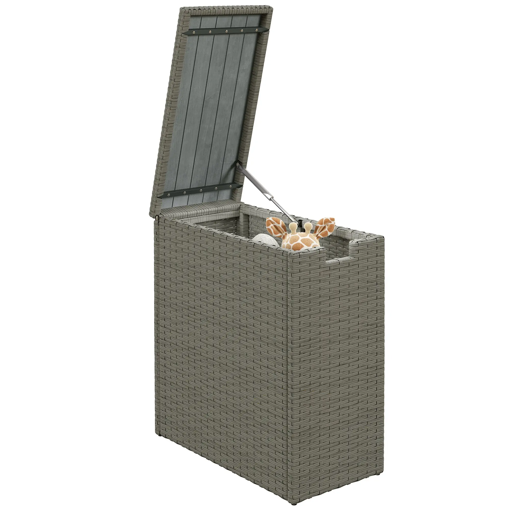 Outsunny 17 Gallon Wicker Small Deck Box, PE Rattan Outdoor Storage Box with Slatted Acacia Wood Flip Top for Indoor, Patio Furniture Cushions, Pool Supplies, Garden Tools, UV Resistant, Teak
