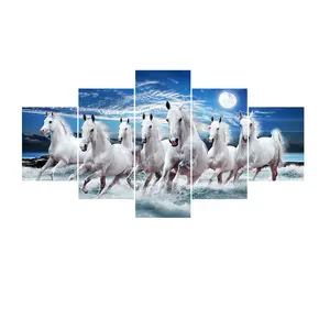 7 Running Horses 5-Panel Canvas High-Quality Print Featuring Galloping White Horses Under Moonlit Sky Wooden Framed Ocean Waves Home Décor Artwork 12x16 12x24 12x32 Inches Decor Decoration Wall Room
