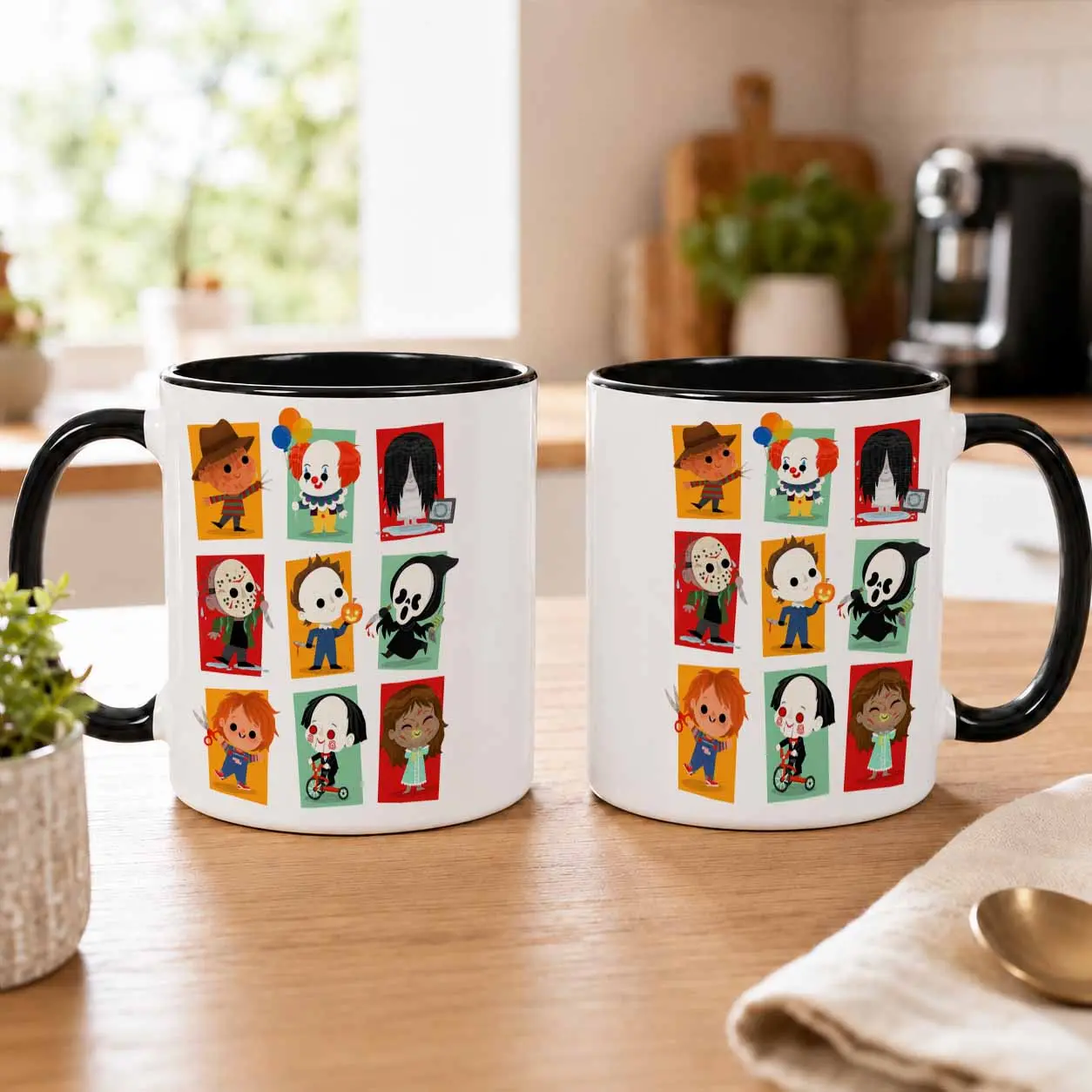 Horror Movie Character Mug (11oz/15oz)  cute stylized classic slasher villain print  durable ceramic dishwasher safe heat resistant coffee cup  perfect for cinema fans  spooky themed party decor  daily caffeine ritual.
