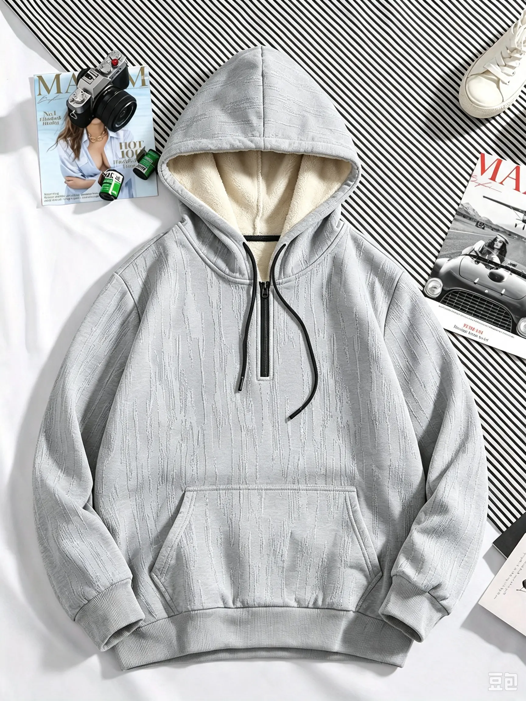 Men's Textured Half-Zip Drawstring Hood Long Sleeve Insulated Polyester Sweatshirt with Pockets - Menswear Daily Wear & Home Leisure Layering Top for Spring & Autumn, Casual