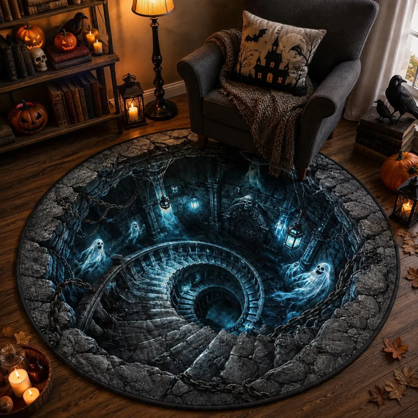 Halloween Quilted 3D Optical Illusion Round Rug, Patchwork Spooky Pattern Non-Slip Washable Doormat, Cozy Gothic Halloween Decor for Bedroom Living Room Entryway, Round Rug Gift for Halloween Fans.