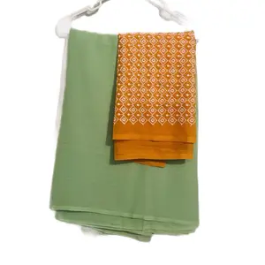 Gorgette Plain Saree for Women - Green & Orange with Diamond Pattern - Traditional Indian Clothing