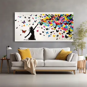Vibrant Butterfly Hug Canvas Wall Art - Modern abstract painting with colorful butterflies and silhouettes, framed, high quality print for living room, bedroom or home office decor, butterfly decor