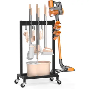 160LBS Load Broom Holder Cleaning Supplies Organizer Cart with Wheels, Broom Closet Storage with 6 Mop Hanger Grippers 3 Double Hooks, Vacuum Stand for Laundry Garage Organization