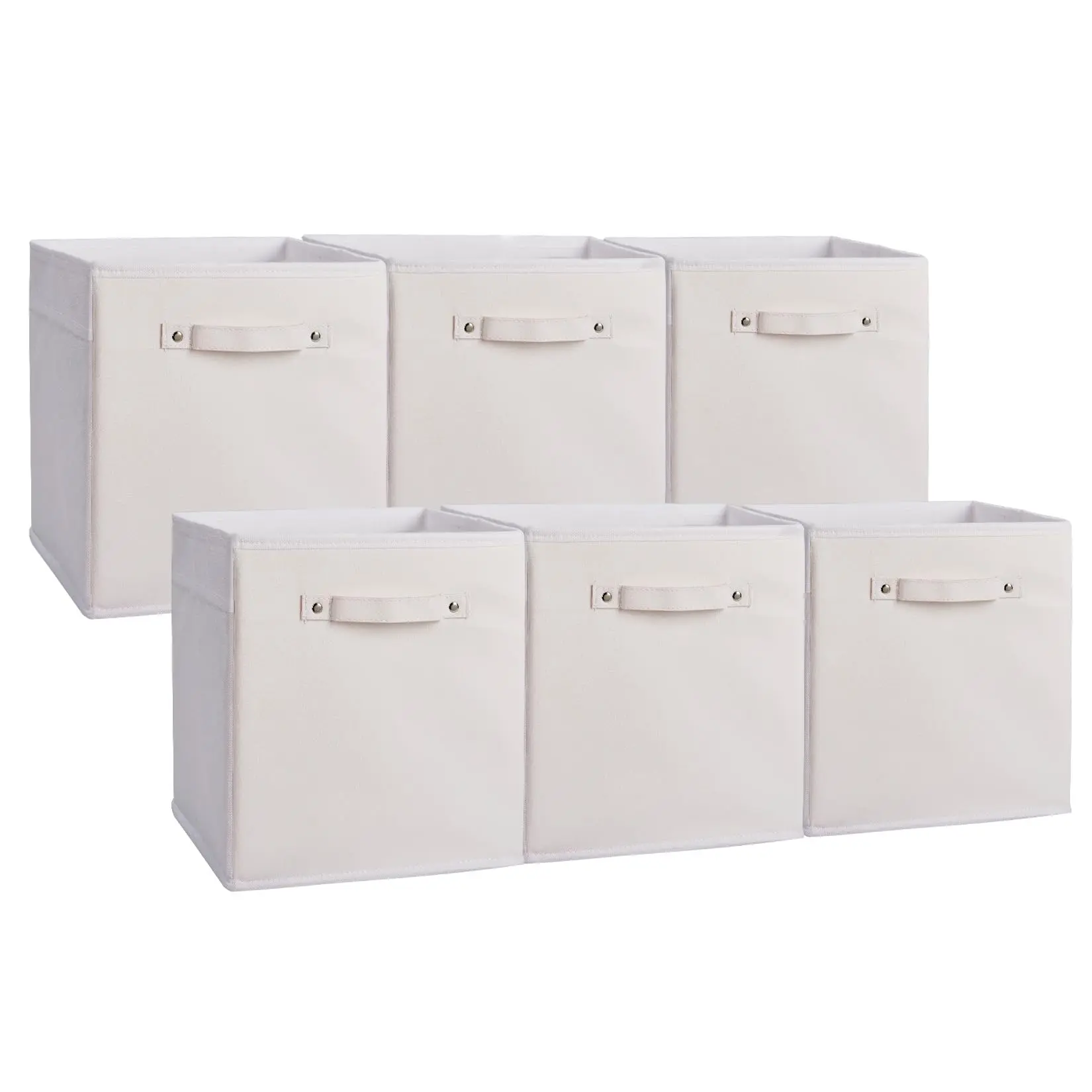 6-Pack 11-Inch Fabric Storage Bins with Faux Leather Handles - Foldable Cube Organizer Baskets with Slide Function for Shelves, Closet, Clothes, Toys, White