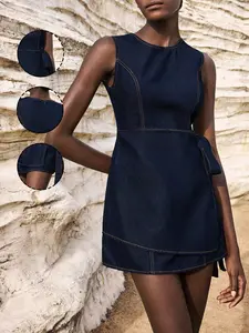 Women's Denim Dress with Bow Tie Decoration, Casual Fashion Long Sleeve A-Line Skirt, Perfect for Daily Wear & Special Occasions