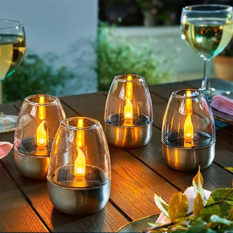 4-Pack Solar Tea Lights, Outdoor Garden Solar Lights, Solar Decorative Lights, Solar Stainless Steel Candles, Ideal for Romantic Ambience Decoration, Camping Essential, Suitable for Home, Bar, Restaurant and Camping Decor, Outdoor Solar Lighting