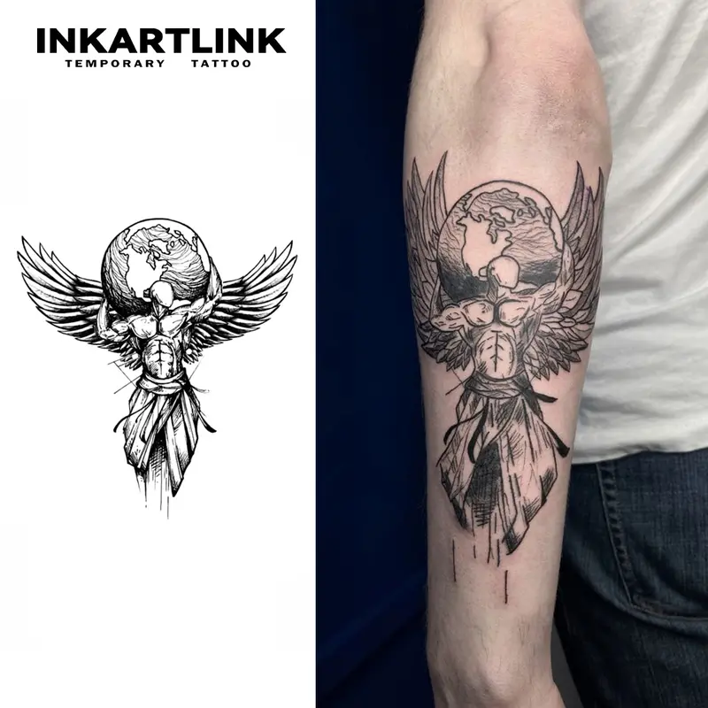 INKARTLINK Angel Series Fantasy Fake Tattoo Stickers - 2 Extra-Large Body-Safe Ink Digital Print Temporary Tattoos, Waterproof, Realistic Art Design, Elegant, 1-2 Weeks Long-Lasting, No Adhesive, No Reflection, Skin-Type Universal (Angel 1)