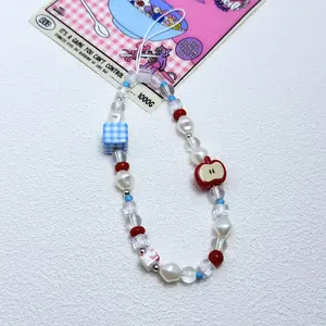 Handmade Bead Blue Checkered Mobile Phone Lanyard Red Apple Phone Case Universal Wrist Rope Lanyard Chain Cute Niche Pendant