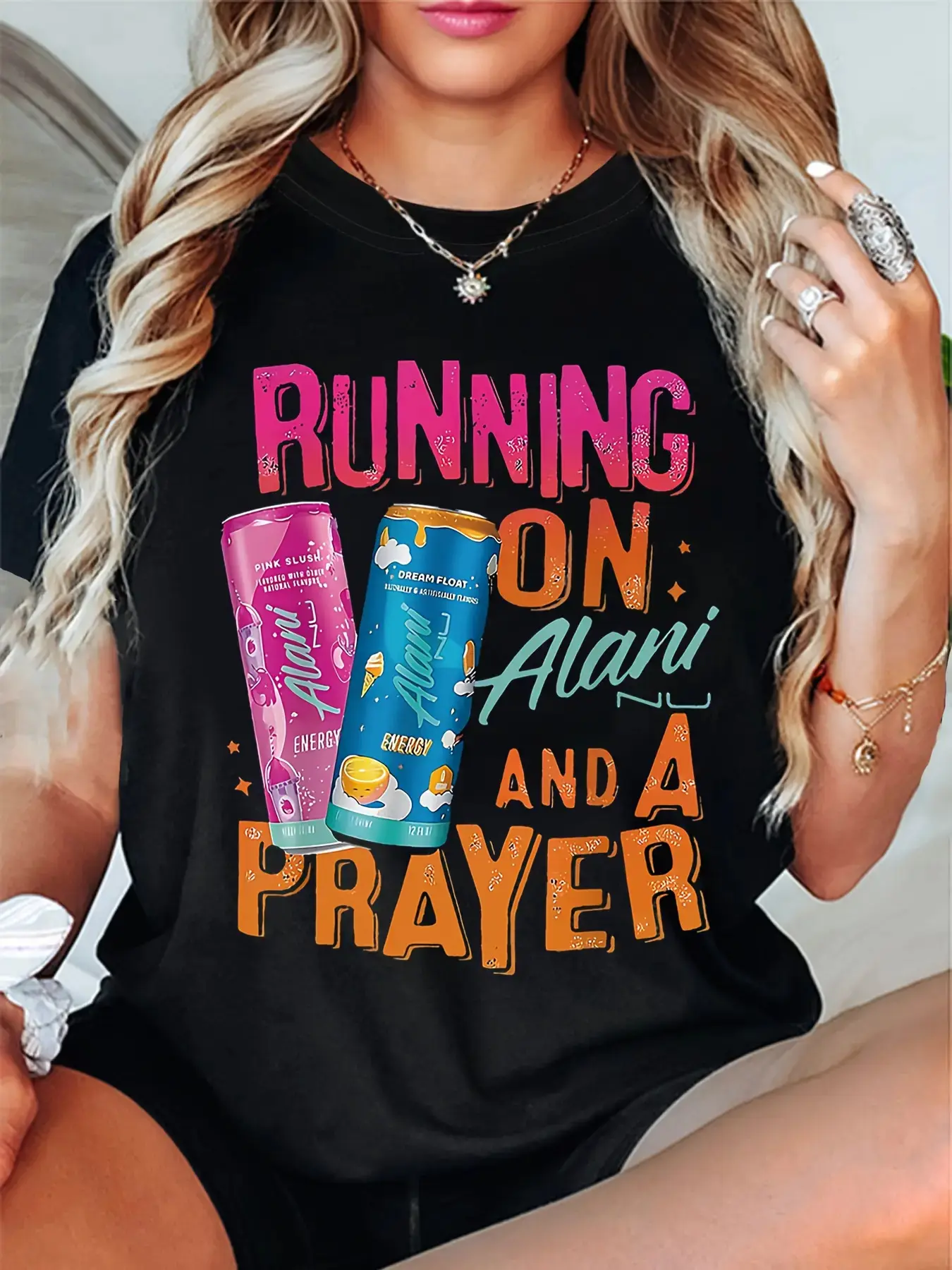 Women's 100% Cotton Soft Short-Sleeve Round Neck Printed T-Shirt - Alani Logo Drink Brand Prayer Slogan, Breathable Loose/Cold Wash S-3XL Casual Wear Top, Machine Washable Hang Dry, Fitted/Oversized Streetwear