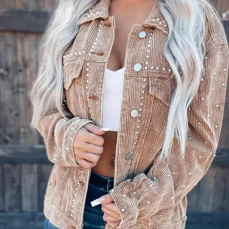 Gold Studded Beige Jacket - Casual Women's Casual Top for Versatile Wear - Womenswear