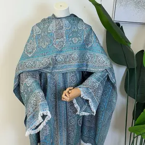 Pashmina Blue Shawl with Intricate Patterns and Fringe Details for Elegant Wear