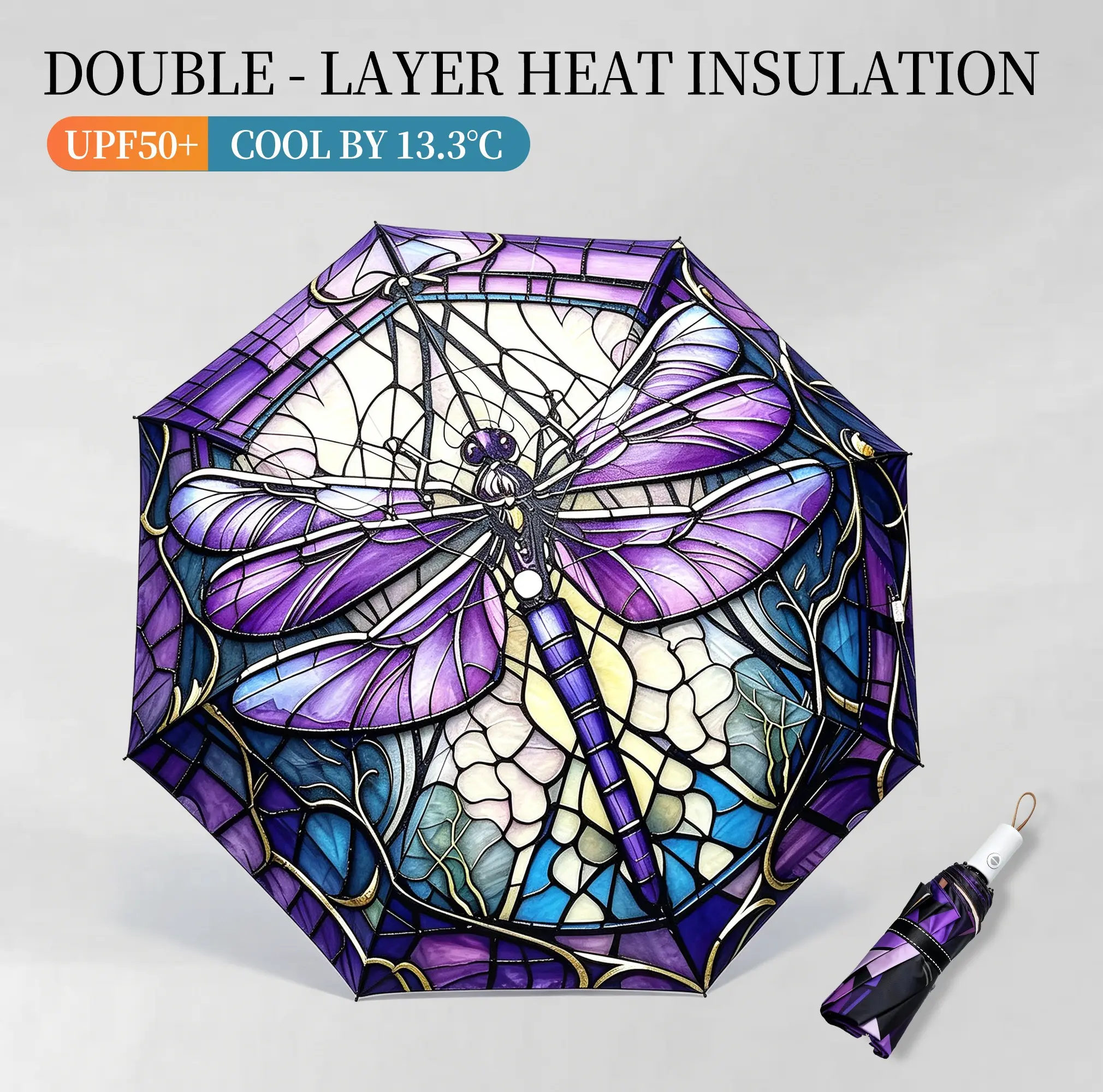 Fully Automatic Dragonfly Print Whimsical Umbrella - UV Coated Fabric, Wind Resistant Frame, Auto Press, Portable Lightweight Compact Folding Umbrella for Rain, Outdoor Sports