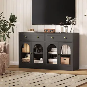 55 Inch Wide Sideboard Buffet Cabinet with 4 Acrylic Doors 2 Drawers Farmhouse Kitchen Storage Cabinet Wooden Console Table for Living Room Dining Room Entryway Black