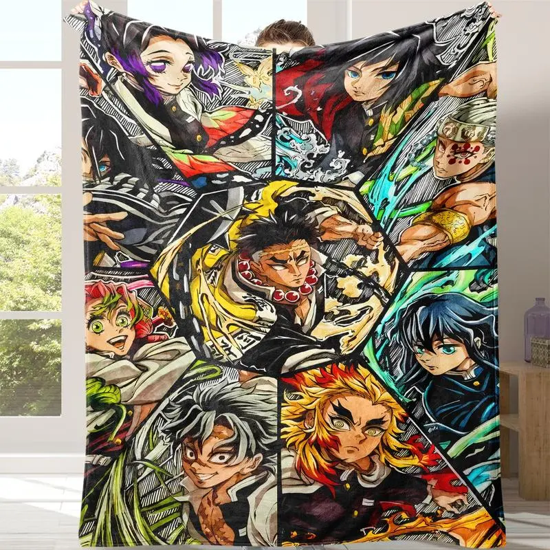 Anime Demon Slayer Flannel Blanket, Soft Warm Throw for Sofa Bed Travel Camping Office Chair, Lightweight Cozy Gift for Home Use