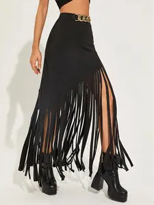 Women's Solid Color Fringe Trim Skirt, Fashionable Long Skirt for Party Club Dating Wear, Women's Bottoms for Summer