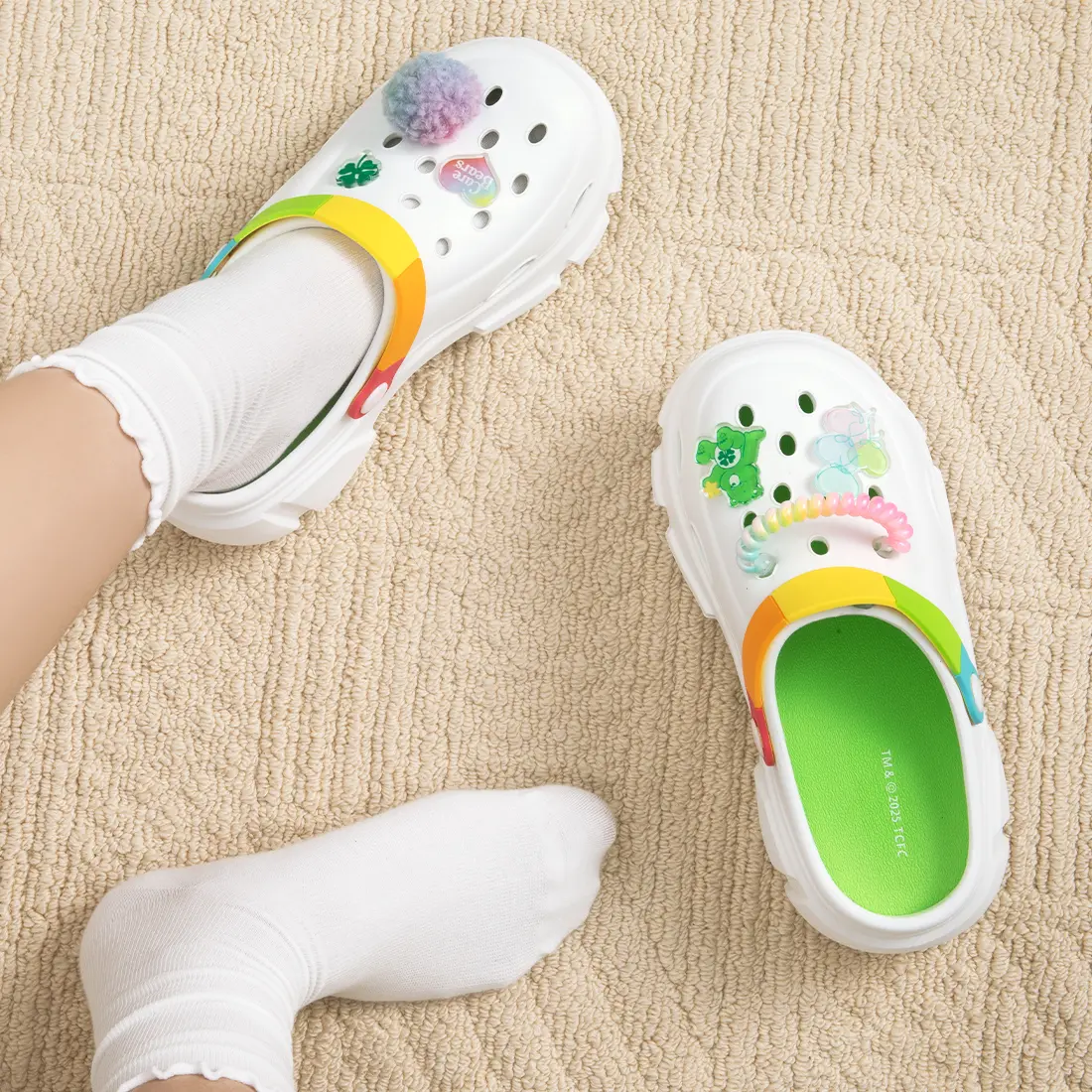 Miniso Care Bears Fuzzy Platform Clogs for Women, Kawaii Pom Pom Charm & Non-Slip EVA Sole, Summer Garden Beach Footwear, Slip On, Ankle, Fuzzy Fabric, Indoor/Outdoor, Kawaii Charm, Fluffy, Stylish