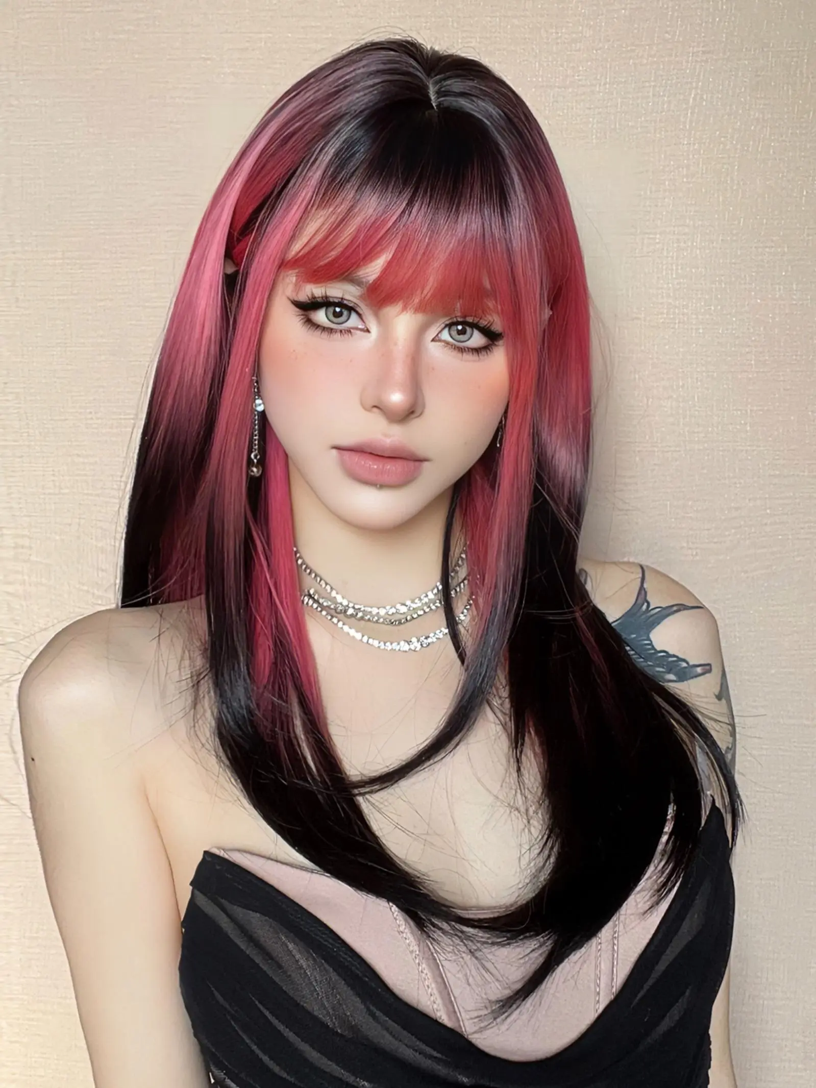 22 Inch Long Straight Ombre Wigs for Women, Gorgeous Fluffy Wigs with Blunt Bangs, Synthetic Hair Wigs, Synthetic Full Machine Wigs for Party, Daily Use, Machine Made Wigs