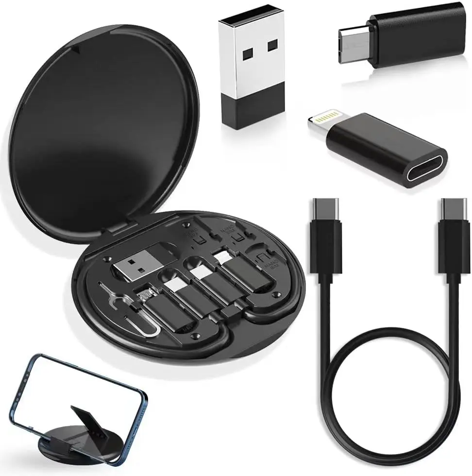 USB Adapter, Micro USB Charging Cable with USB C Lighting Adapter, Lighting to USB C Adapter, Multi Charging Cable Storage Box Contains SIM Card Holder