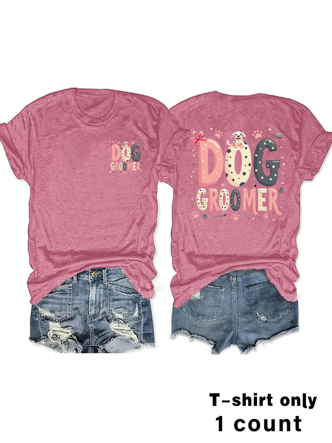 Dog Groomer Pattern T-Shirt, Fun Paw Prints and Bone Design, Casual Fitted Round Neck Top for Pet Lovers, Comfort Fit