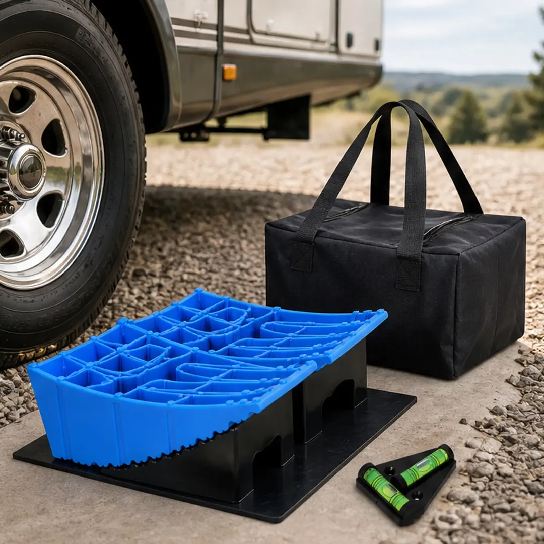 8-Piece RV Leveling Kit, Heavy-Duty HDPE Curved Camper Levelers with Chocks, 2 Rubber Grip Mats & Compact Carry Bag, Stabilizer System for Travel Trailers & Motorhomes (6.00 w x 18.00 d x 4.00 h in), 2 Curved Levelers, 2 Wheel Chocks