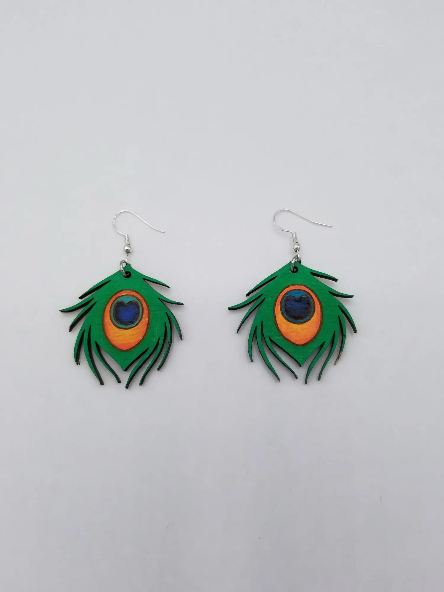 Wooden Peacock Feather Earrings, Hand Painted Wood Earrings, Hypoallergenic Sterling Silver Hooks