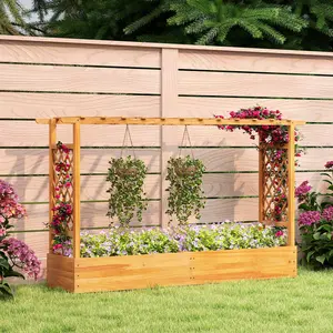 COSTWAY - 45 Inch Wooden Raised Garden Bed with Lattice Trellis for Outdoor-Natural