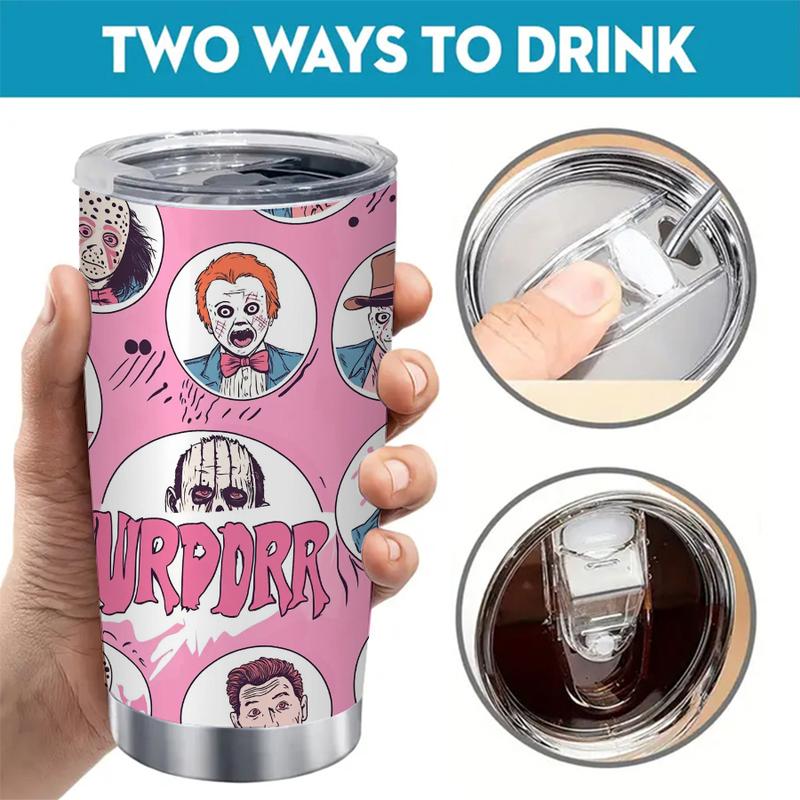 Sinister Clown Gang Tumbler - 20oz Insulated Mug with Pennywise-Inspired Horror Crew Artwork, Blood Splatter Background for True Horror Fans