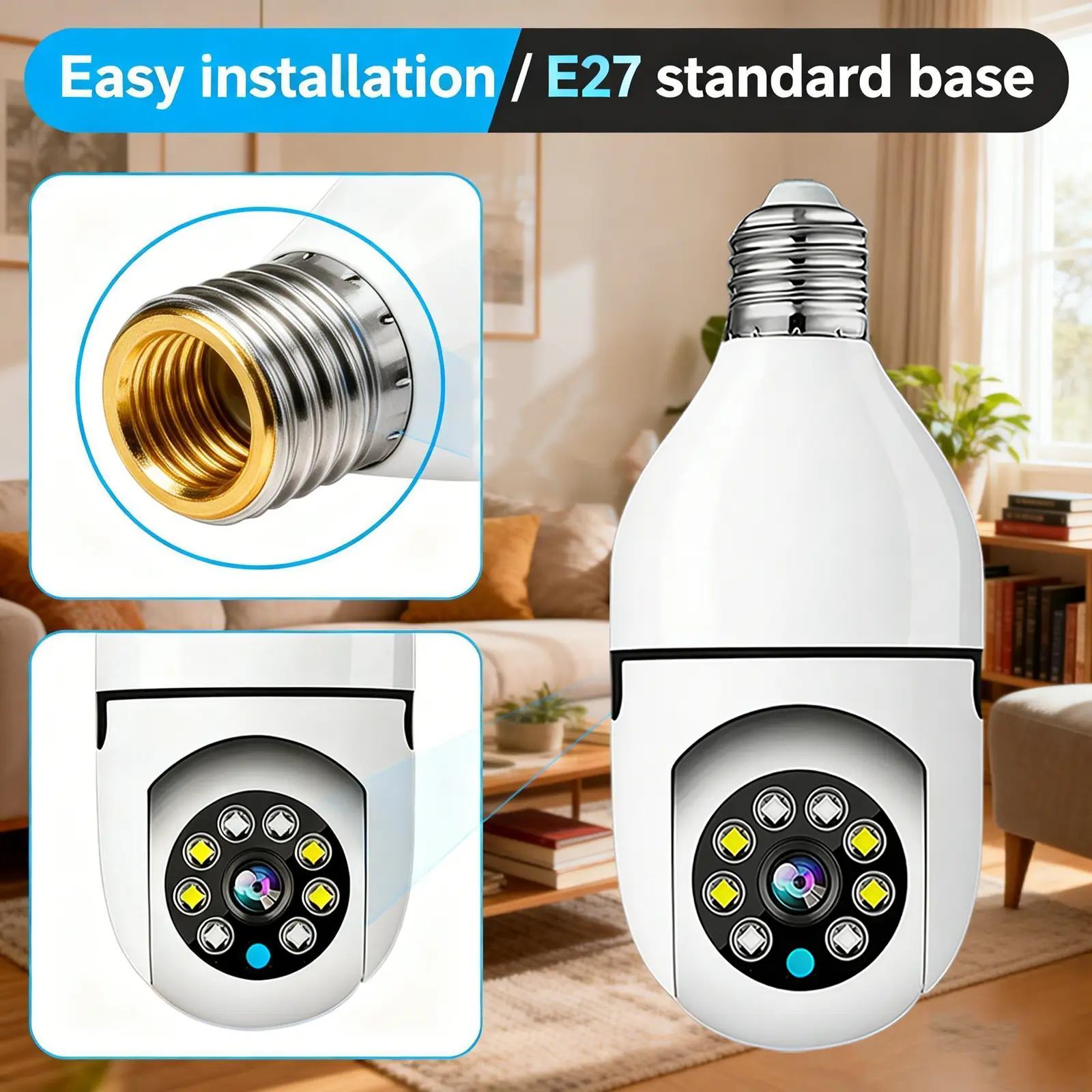Kgarden Light Bulb Security Camera - 360° Pan Tilt, AI Motion Alert, Built-in Spotlight, Color Night Vision, 2.4GHz-5GHz Dual WiFi Bands, High Definition, Plug-and-Play, Indoor Outdoor Home Monitoring for Porch & Front Door with Audio Cord