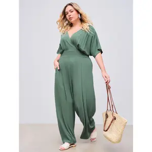 Cider [3 colors, size 2-26] Linen-blend V-neck Solid Corset Pocket Jumpsuit Curve & Plus