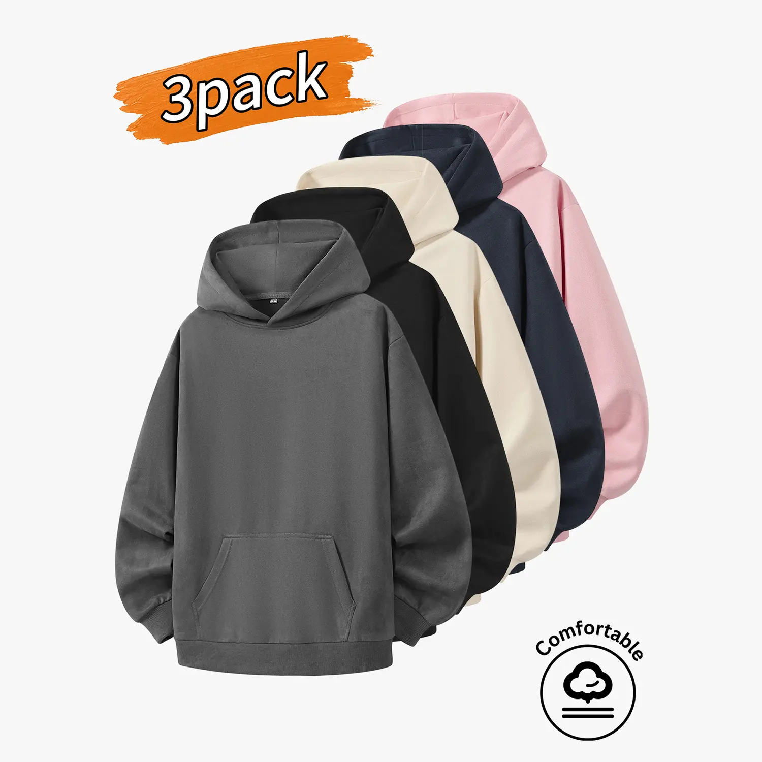 3-pack: men’s hooded sweatshirt, men’s sweatshirt, men’s suede long-sleeve top.Relaxed-style long-sleeve pullover hoodie with a front kangaroo pocket, minimalist no-print design, loose fit that conceals curves and flatters the figure, available in multipl
