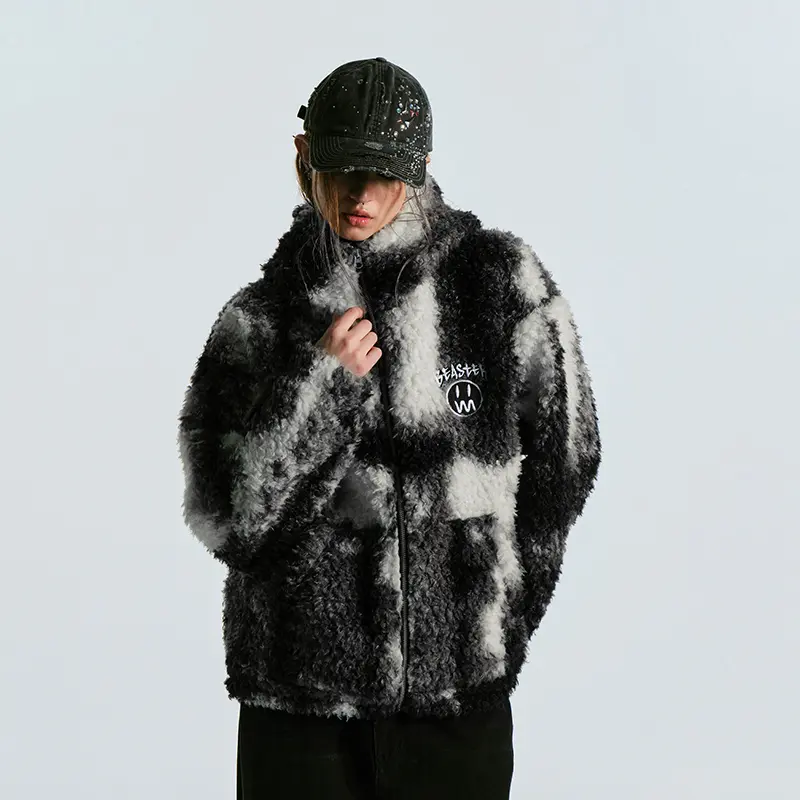 BEASTER Ghost Face Embroidery Autumn/Winter Trendy Hooded Jacket for Men, American Style Versatile New Faux Shearling Coat