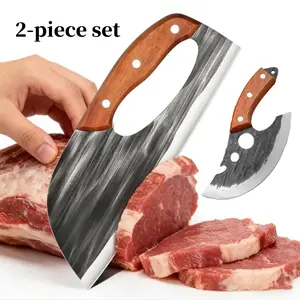 [2-Piece Set] Ultra-sharp kitchen knife set with wooden handles and full-tang construction, ideal for home cooking, meat cutting, outdoor grilling, and camping. Includes a handcrafted cleaver and chef's knife with a wooden knife block. men