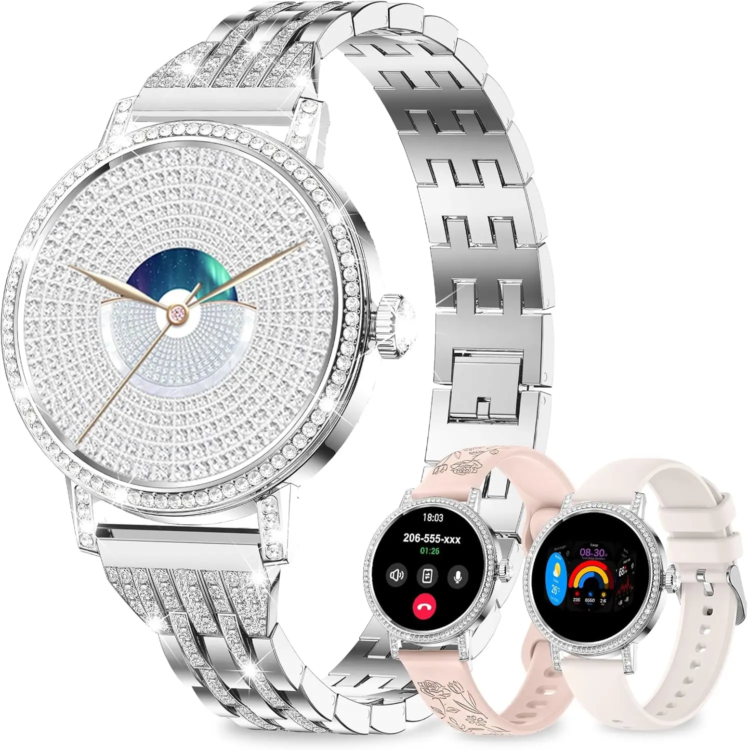 Smart Watches for Women with Diamond,1.27" Hd Smart Watch Bluetooth Calls(Answer&Make),3 Bands,24/7 HR/SpO2/BP/Sleep/Steps/Calories,IP68 120+ Sports Fitness Tracker Android&iOS Silver