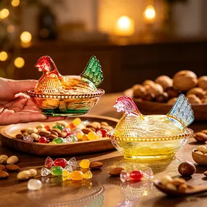 Vintage Glass Hen on Nest Dish with Lid Pedestal Rooster Crystal Candy Jar Colorful Glass Candy Bowl for Snacks Cookies Dessert Home Kitchen Tabletop Decor