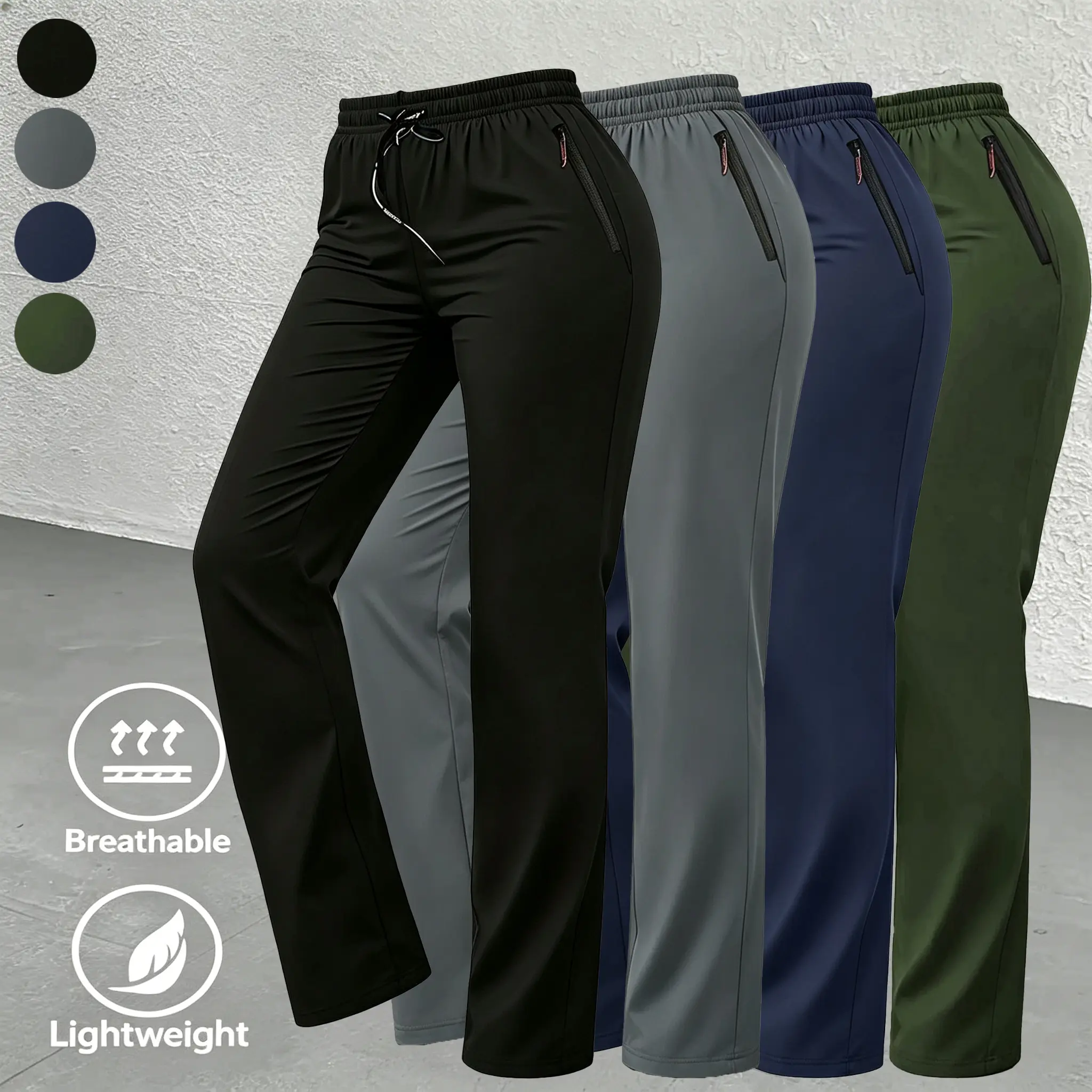 Women’s drawstring high-waisted straight pants, quick-drying, lightweight, breathable athletic pants with zippered pockets, casual long pants for fitness and walking