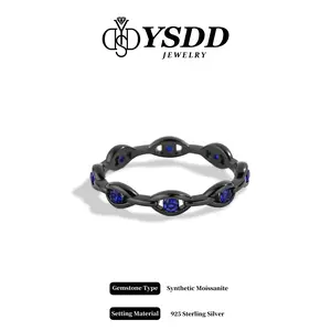【11.28 Thanksgiving Party 】Art Deco Dainty Black Lab Blue-Sapphire Band vvs Synthetic Moissanite Rings in 925 Sterling Silver