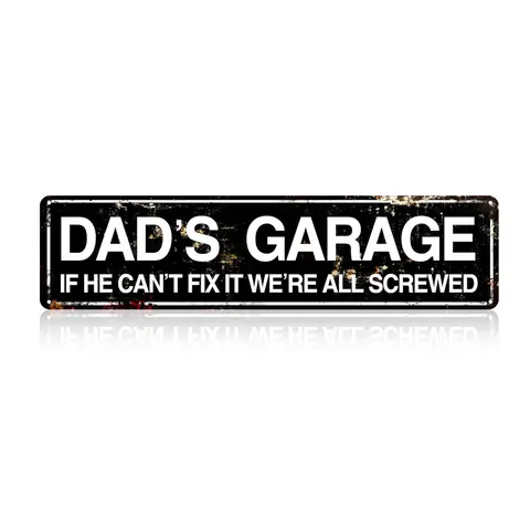 Vintage Dad's Garage Retro Metal Tin Sign - Decorative Plaque, Wall Art Plaque, Farmhouse Man Cave Decor Item with Bold B&W Text, Gift for Him, Home Decor