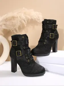 Retro Metal Buckle High Heel Short Boots, Lace-Up Design, Chunky Sole, Colors, Trendy Streetwear Essential, Round Toe Boot, Heeled Booties