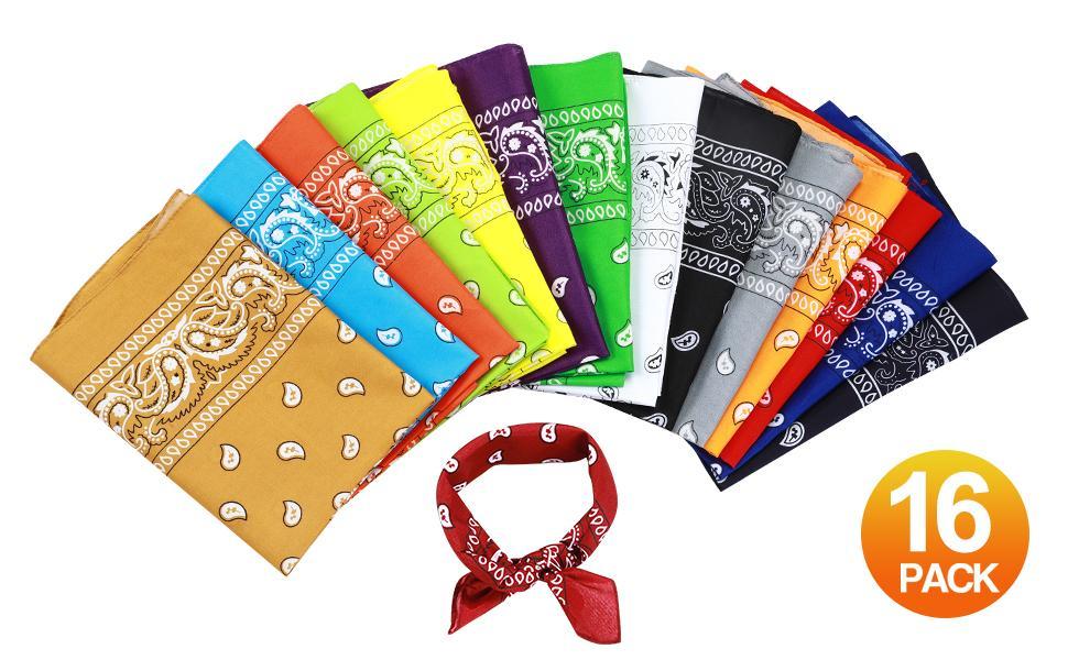 16 Pack Bandanas – Multi-Purpose Polyster Scarves, Headbands & Handkerchiefs for Women, Men, Boys, Girls – Party Favors, Outdoor Gear, Daily Accessories