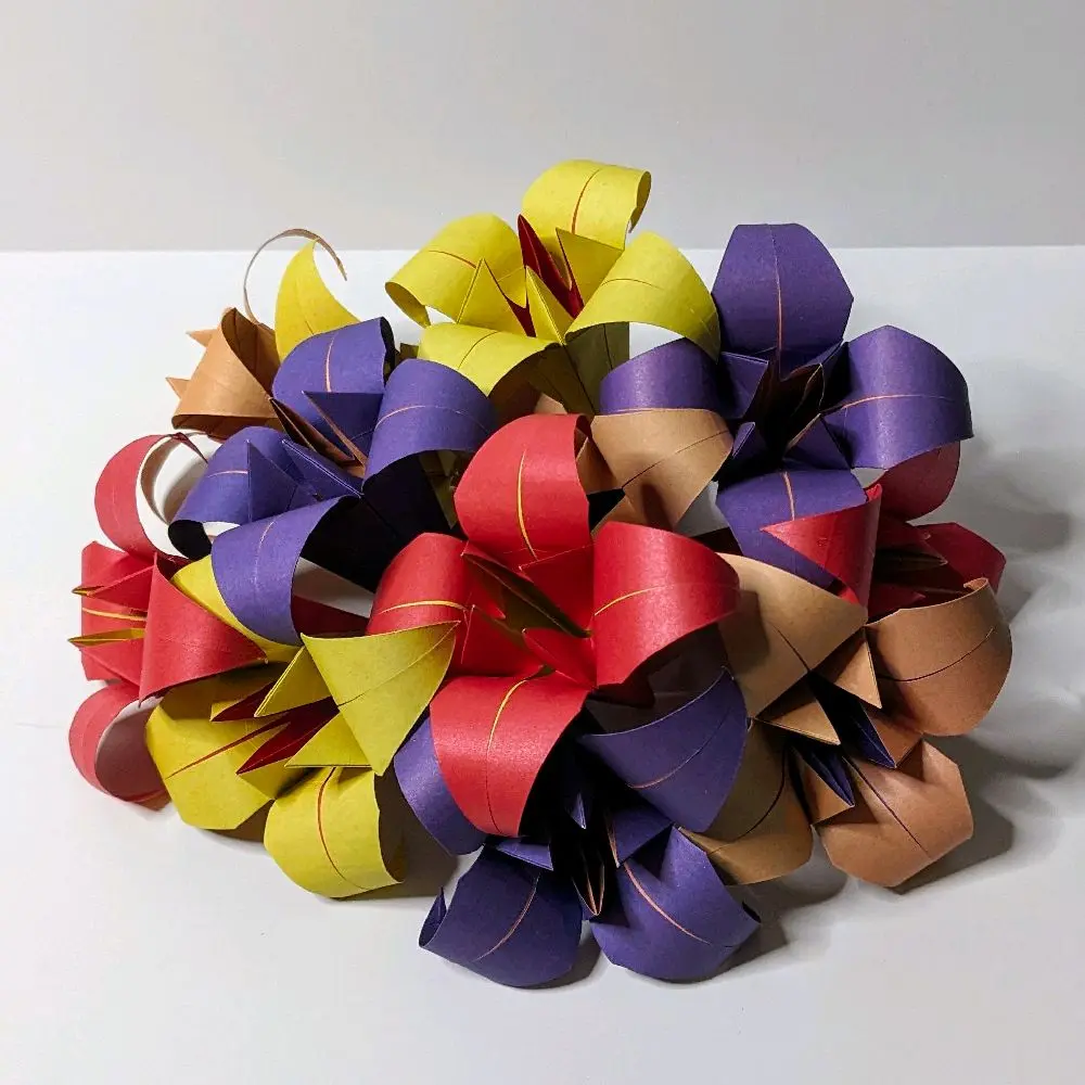 PaperShapesOrigami Origami Lilies Set of 12 Multicolor Red, Yellow, Purple and Peach Without Stems Handmade Two-Sided Origami Paper Flowers for Decor